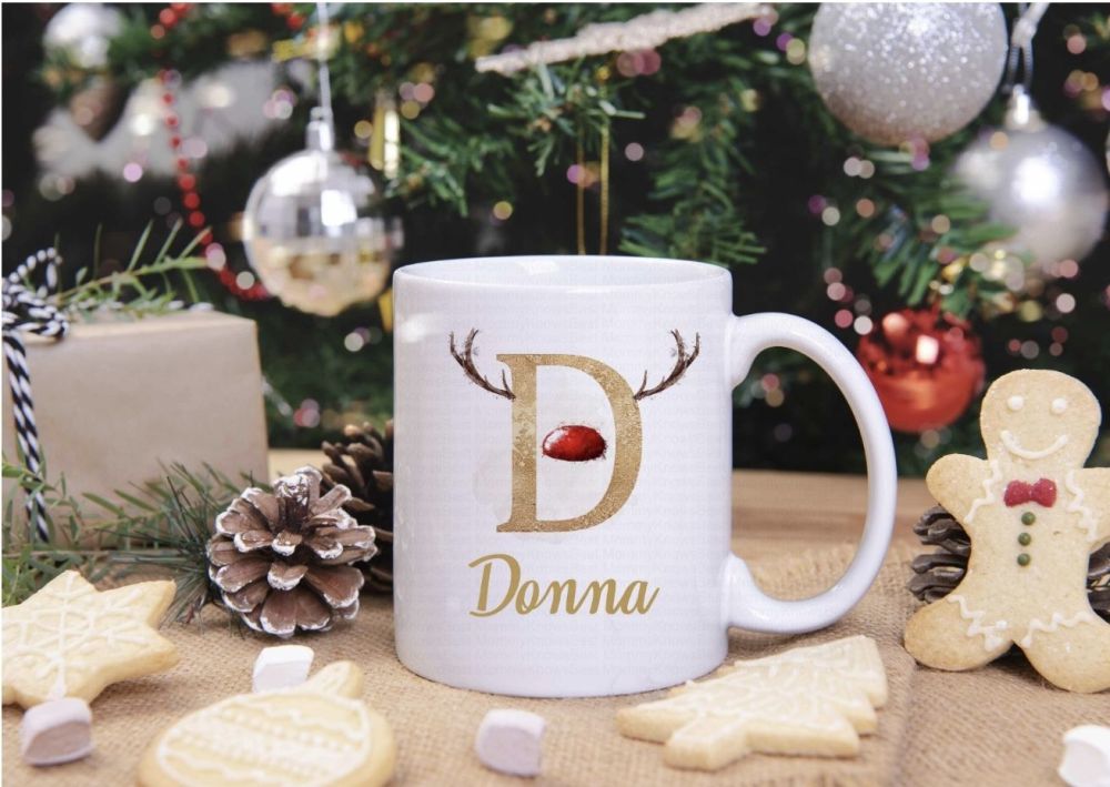 Christmas reindeer initial mug - personalised. 