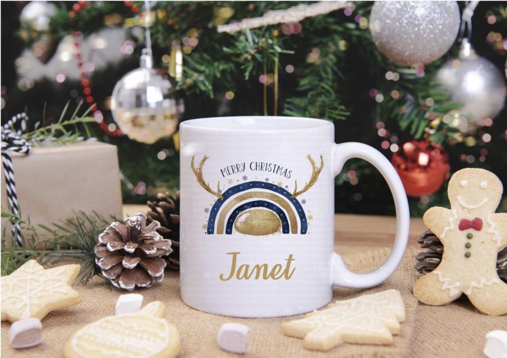 Christmas navy and gold reinbow / rainbow mug - personalised.