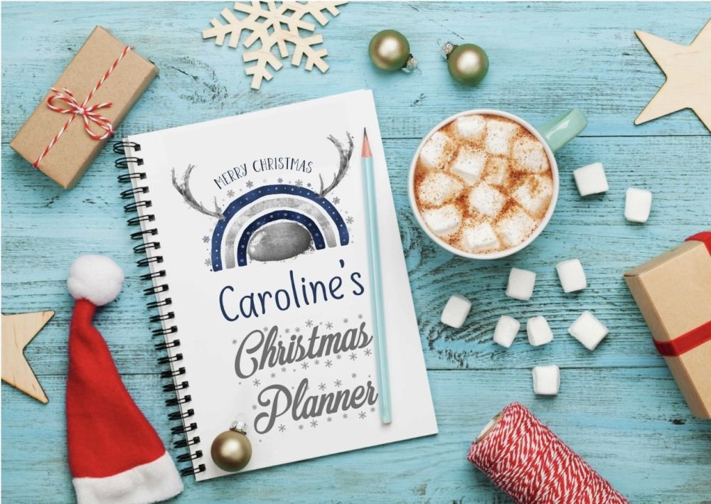 Christmas planner notes, silver and navy reinbow reindeer and antlers  notebook - personalised notepad / journal 