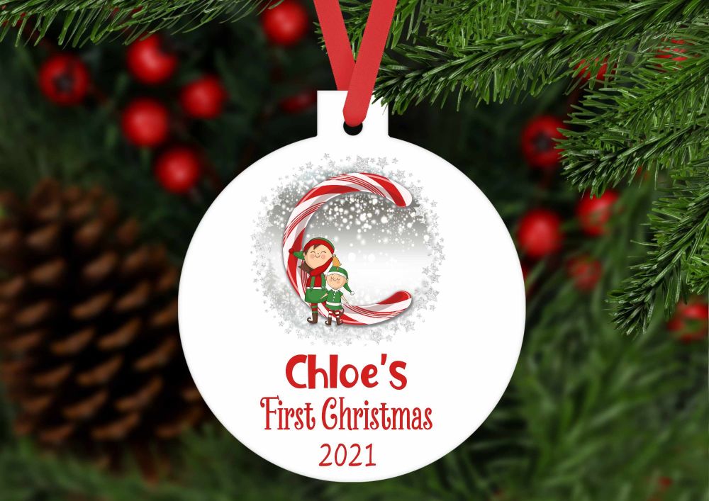 Bauble - Personalised first Christmas Candy Cane bauble shaped ornament