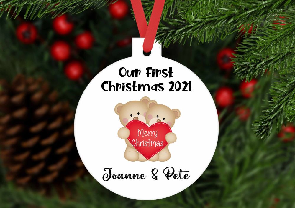 Bauble - Personalised Our First Christmas teddy bear bauble shaped ornament