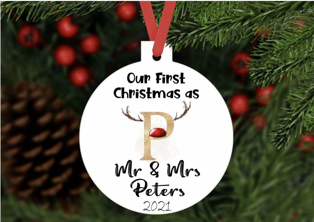 Bauble - Personalised Our First Christmas as Mr and Mrs reindeer bauble shaped ornament