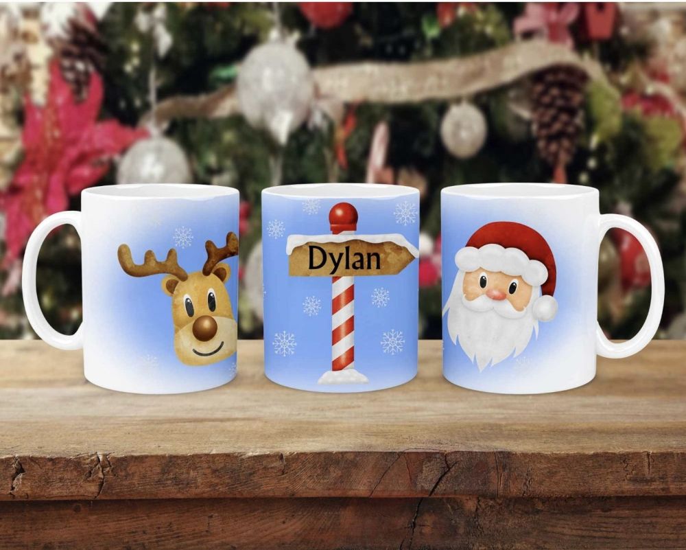 Personalised Christmas mug with santa reindeer 10oz ceramic. Childrens Chri