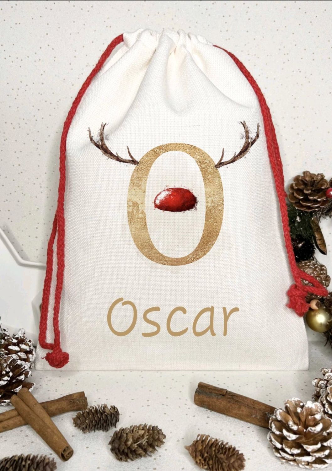 Santa sack, personalised -  reindeer antlers and bright nose 