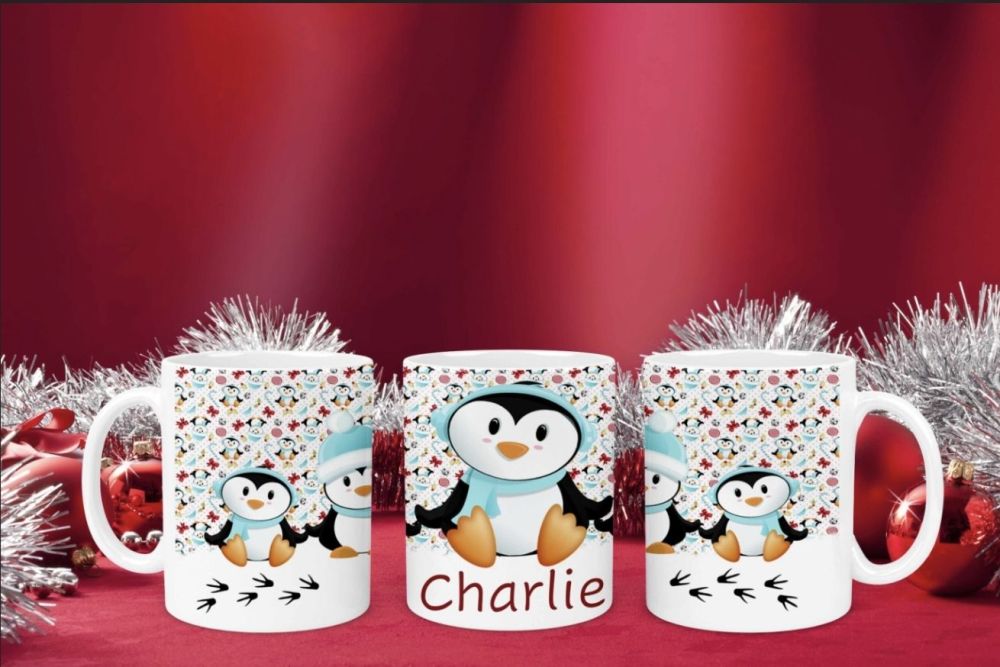 Personalised penguin Christmas mug  6oz Childrens Christmas eve box idea. U