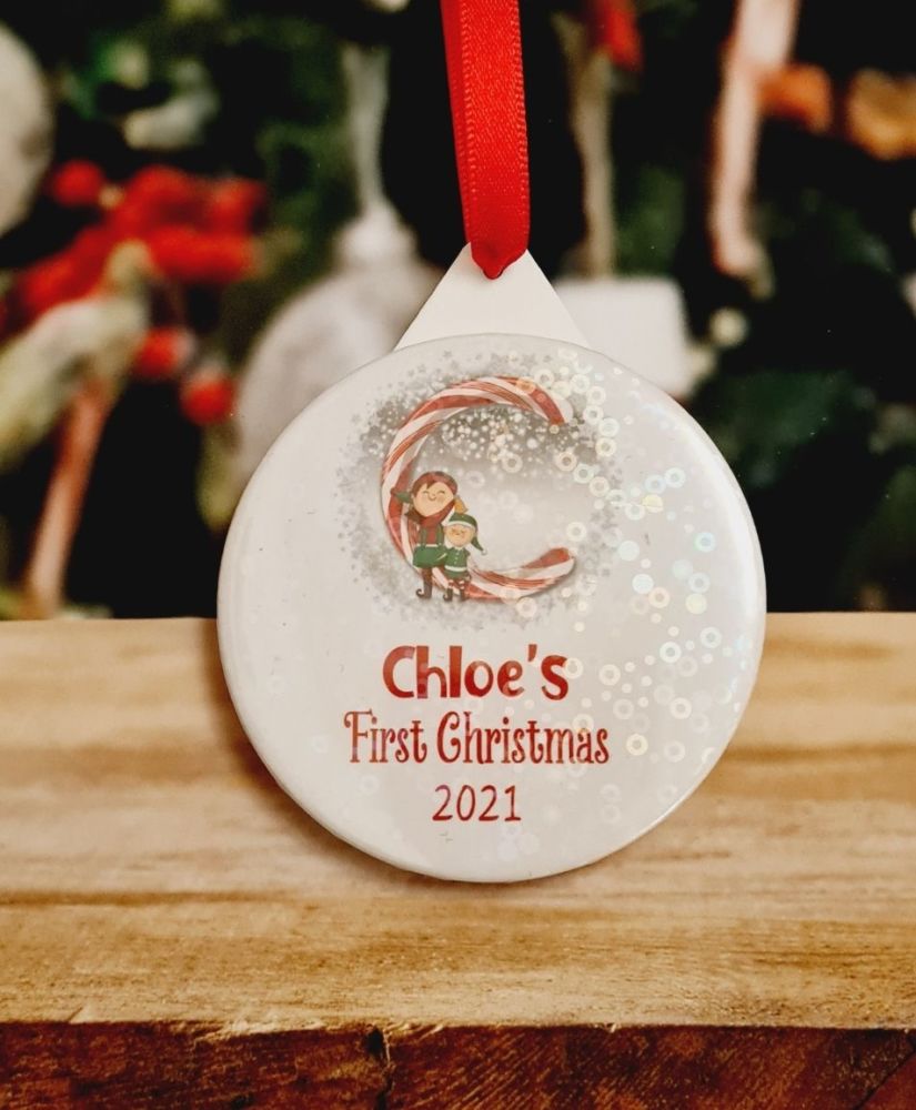Holographic Personalised first Christmas Candy Cane bauble. 