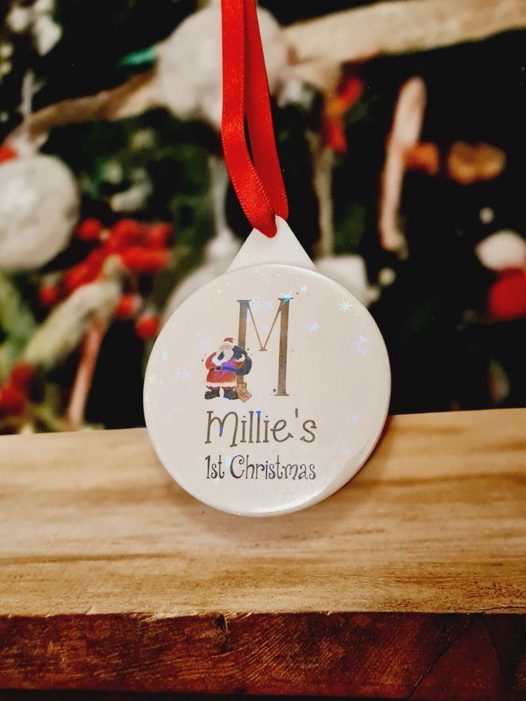 Holographic Personalised first Christmas Santa and initial bauble. 