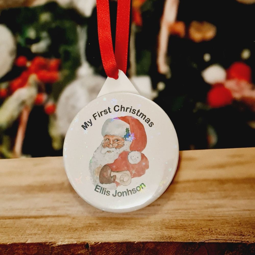 Holographic Personalised first Christmas - Santa bauble. 