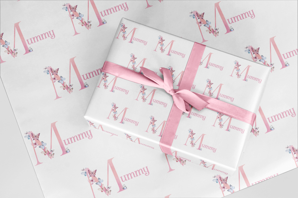 Mummy - Butterfly initial, personalised named wrapping paper  - A3 Eco Friendly