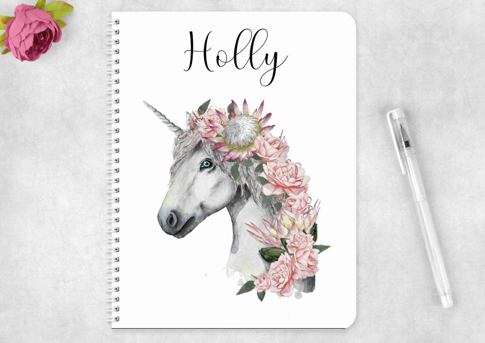 Unicorn with flowers notebook - personalised notepad / journal