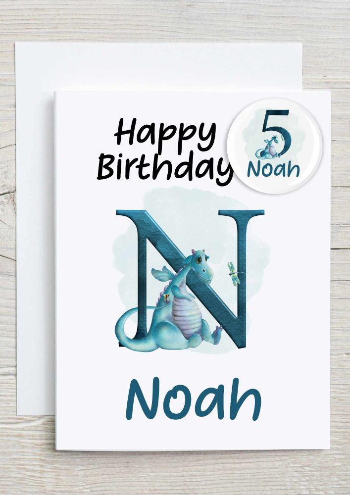 Dragon / Dinosaur  - Card with Badge - Personalised with name and age - GREEN / BLUE