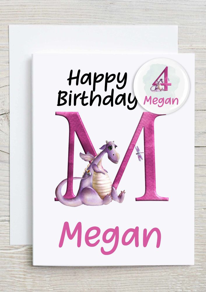 Dragon / Dinosaur  - Card with Badge - Personalised with name and age - PINK