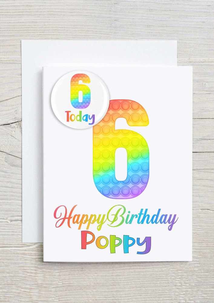 Popit rainbow fidget birthday card and badge. personalised Fidget greetings card for children