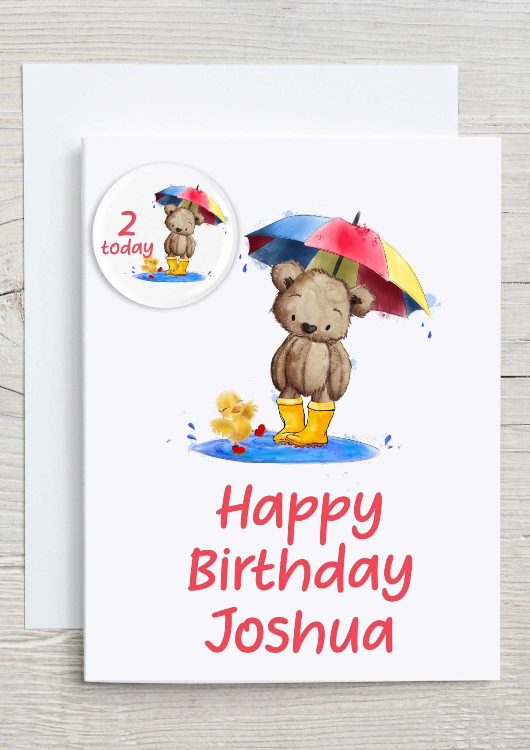 Teddy and Duck Happy Birthday - Card with Badge - Personalised with name an
