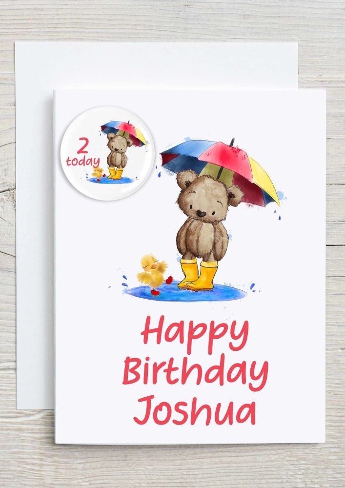 Teddy and Duck Happy Birthday - Card with Badge - Personalised with name and age 