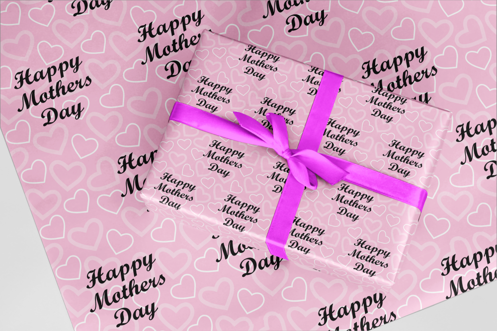 Happy Mothers Day, on pink hearts wrapping paper. Personalised A3 eco frien