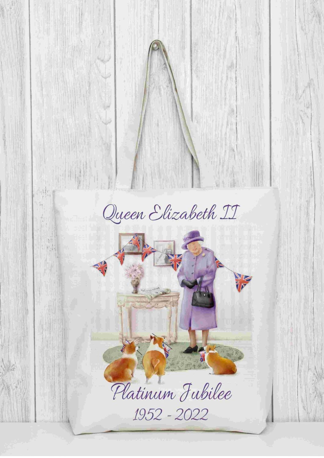 Queen Elizabeth II Tote Bag celebrating her Platinum Jubilee with the corgi