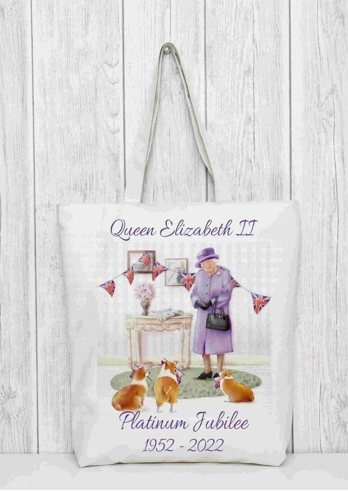Queen Elizabeth II Tote Bag celebrating her Platinum Jubilee with the corgis.