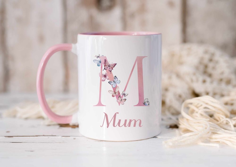 Mum Mug. Butterfly  Initial Mug, with pink handle - available in MUM, MOM, MAM, MAMMA etc
