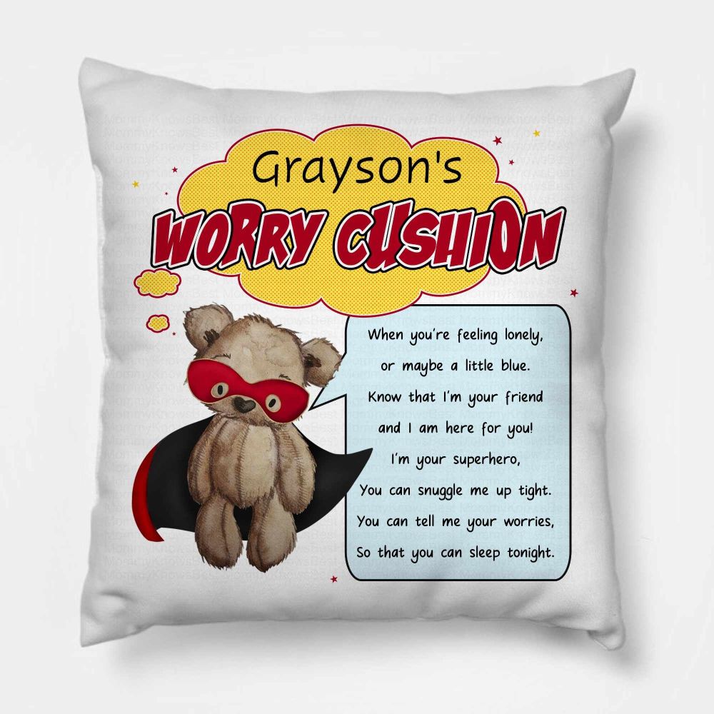 Worry Cushion. Super Hero teddy anxiety cushion