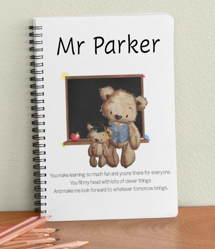 Teacher Note book - Male - Thank you teacher with peom - personalised Journal Gift