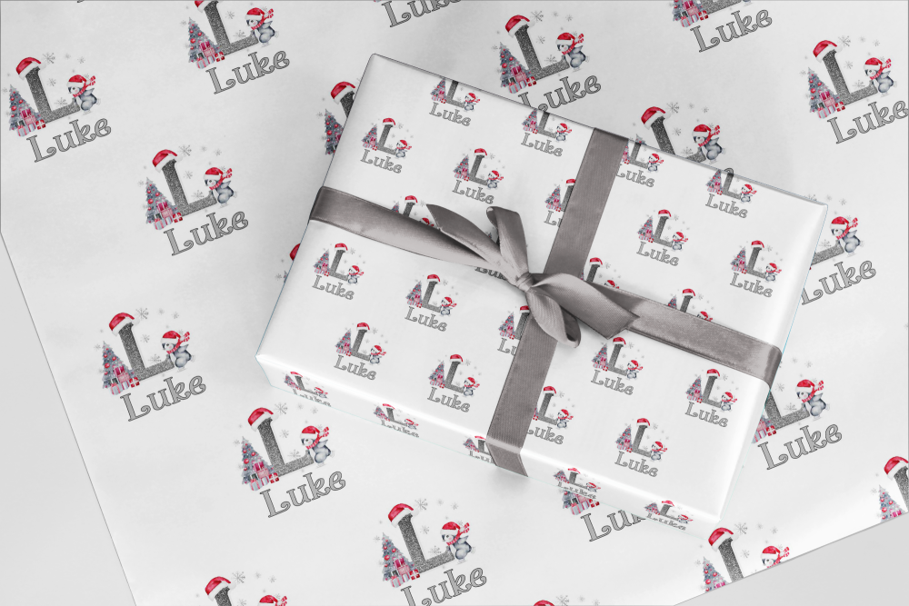 Penguin skating / Silver Initial wrapping paper  - Christmas A3 Eco Friendly