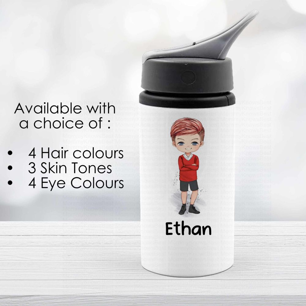 School Drinks Bottle Personalised Back to school BOY in RED uniform 