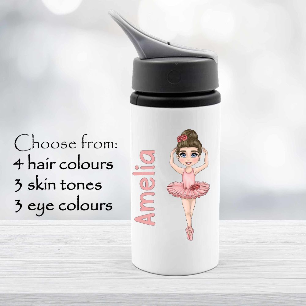 Ballerina Drinks Water Bottle Personalised, customisable with hair, skin an