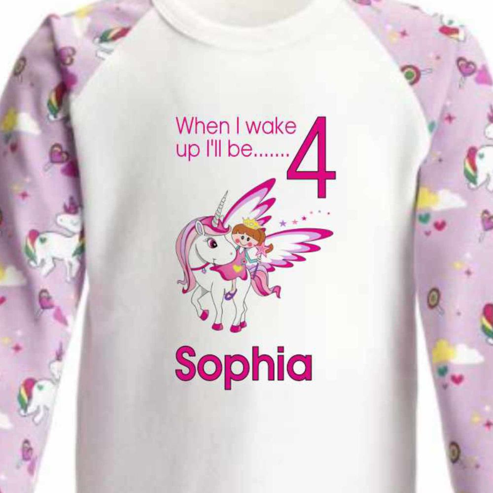 When I wake I will be 4 Unicorn Pj's Pyjama's Personalised girls princess customised