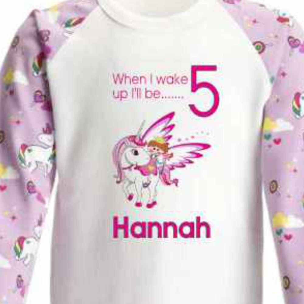 When I wake I will be 5 Unicorn Pj's Pyjama's Personalised girls princess customised