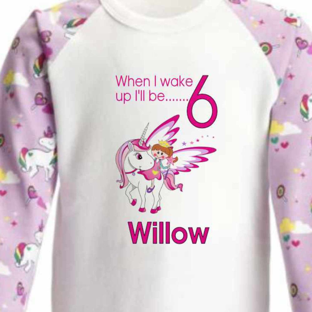 When I wake I will be 6 Unicorn Pj's Pyjama's Personalised girls princess customised