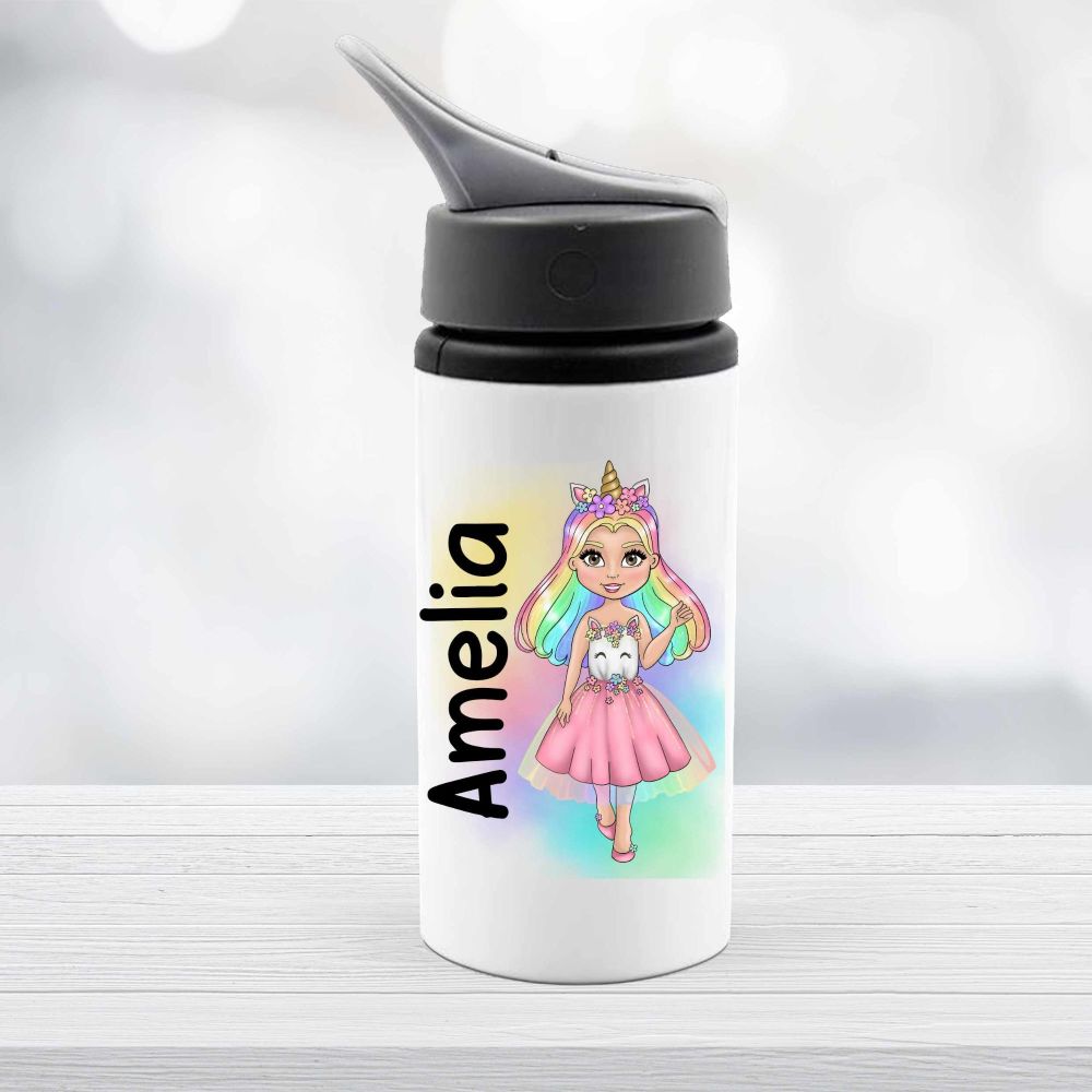 Rainbow Girl with Unicorn Dress Drinks Water Bottle Personalised