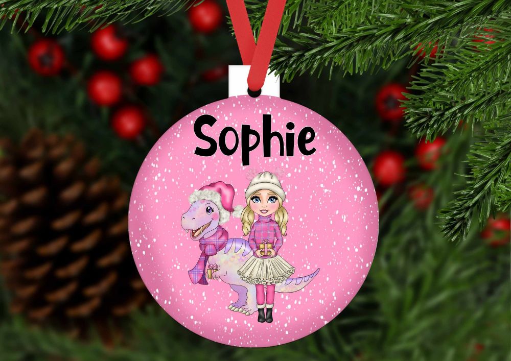 Dinosaur GIRL Christmas Bauble- Personalised pink Christmas bauble shaped o