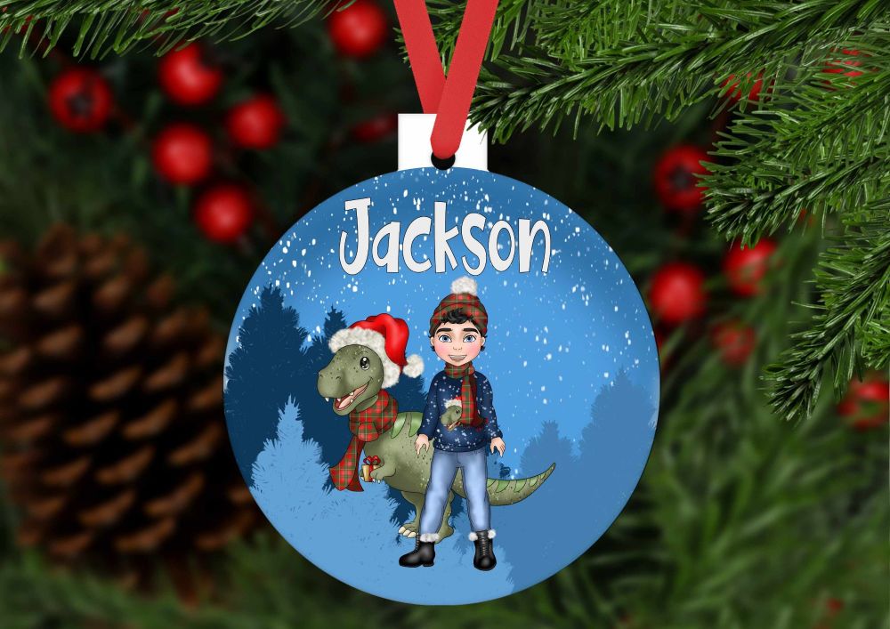 Dinosaur Boy Christmas Bauble- Personalised Christmas bauble shaped ornament
