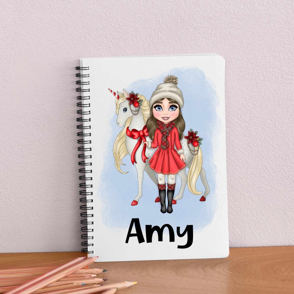 Christmas Unicorn with girl notebook - personalised pink notepad / journal
