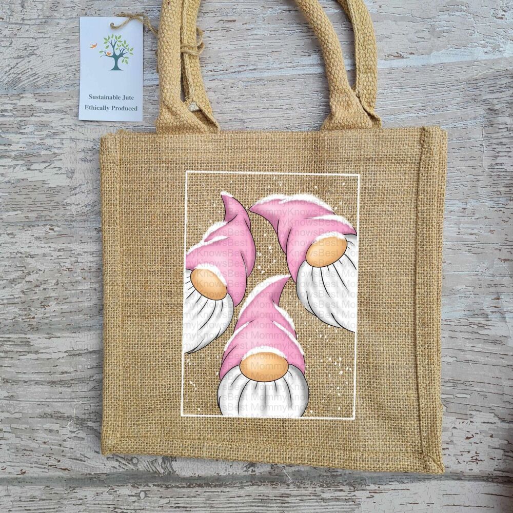 Pink Christmas Trio Gonks JUTE Gift Bag