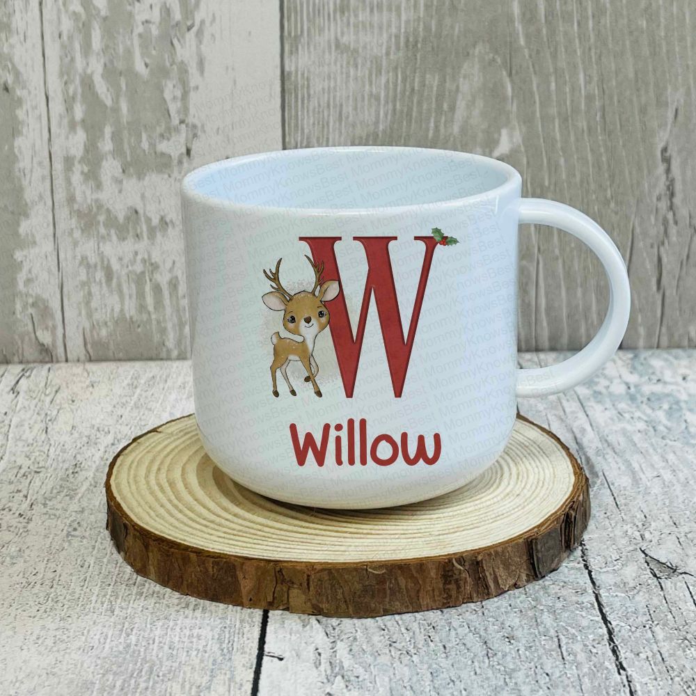 Reindeer initial with Personalised Name MUG - UNBREAKABLE 6oz. Childrens Christmas eve box idea