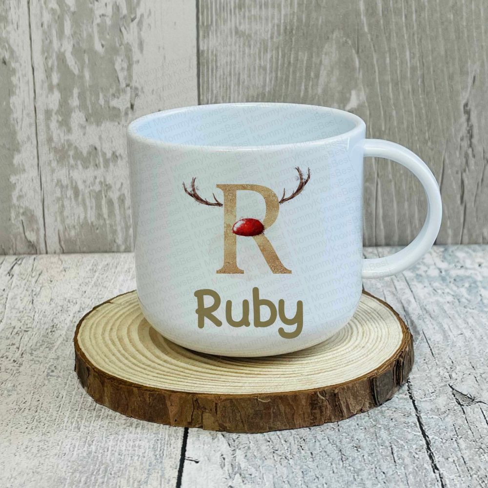 Reindeer with red nose Personalised MUG - UNBREAKABLE 6oz. Childrens Christ
