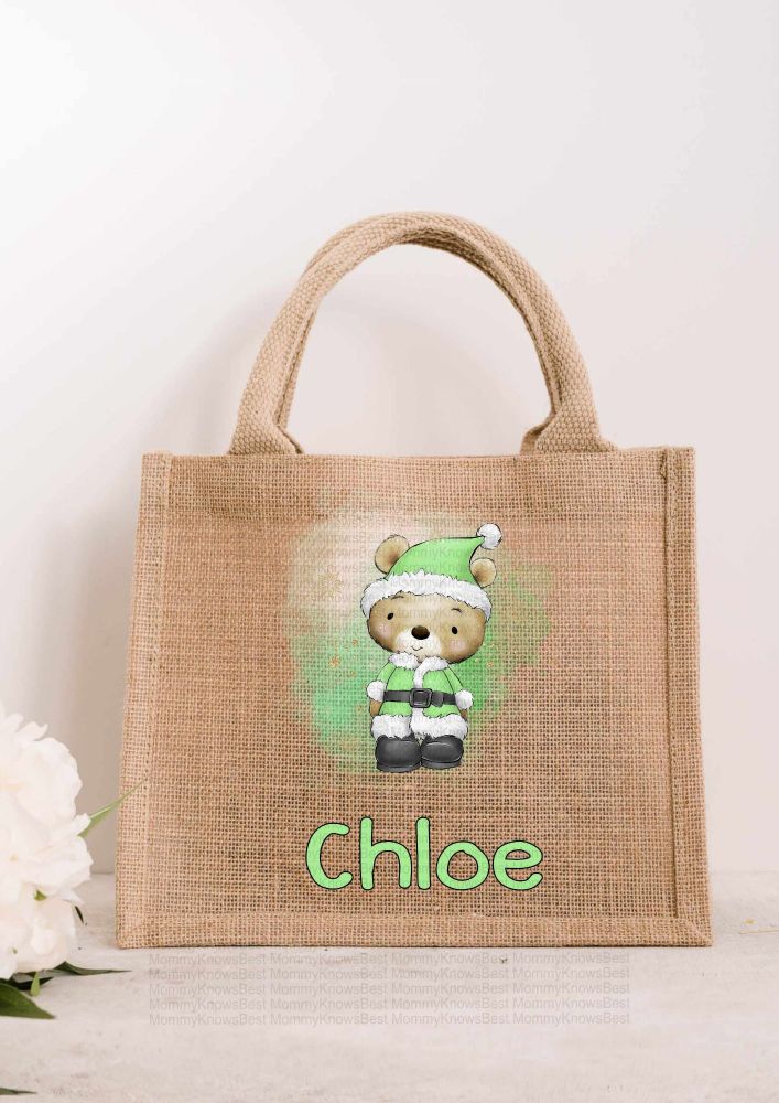 Christmas Green Teddy Bear JUTE Gift Bag - personalised