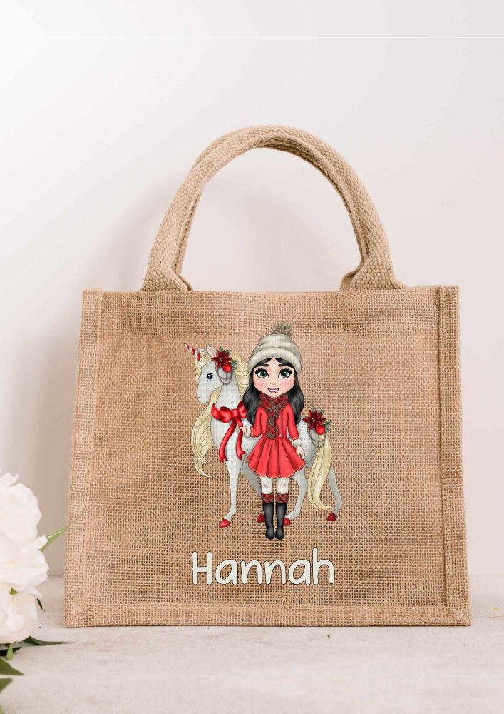Christmas Princess with unicorn JUTE Gift Bag - personalised