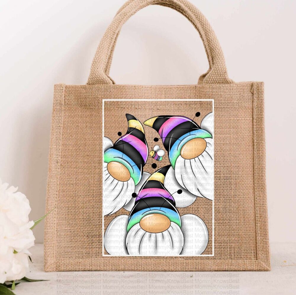 Rainbow / Colourful Bee Trio of Gonks JUTE Gift Bag