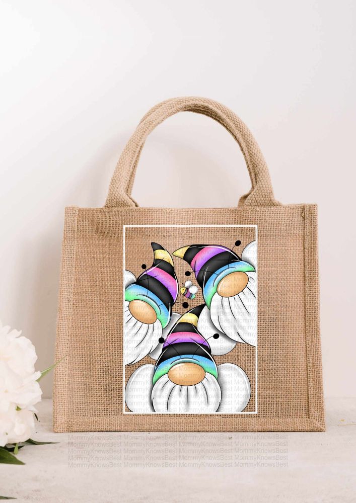 Rainbow / Colourful Bee Trio of Gonks JUTE Gift Bag