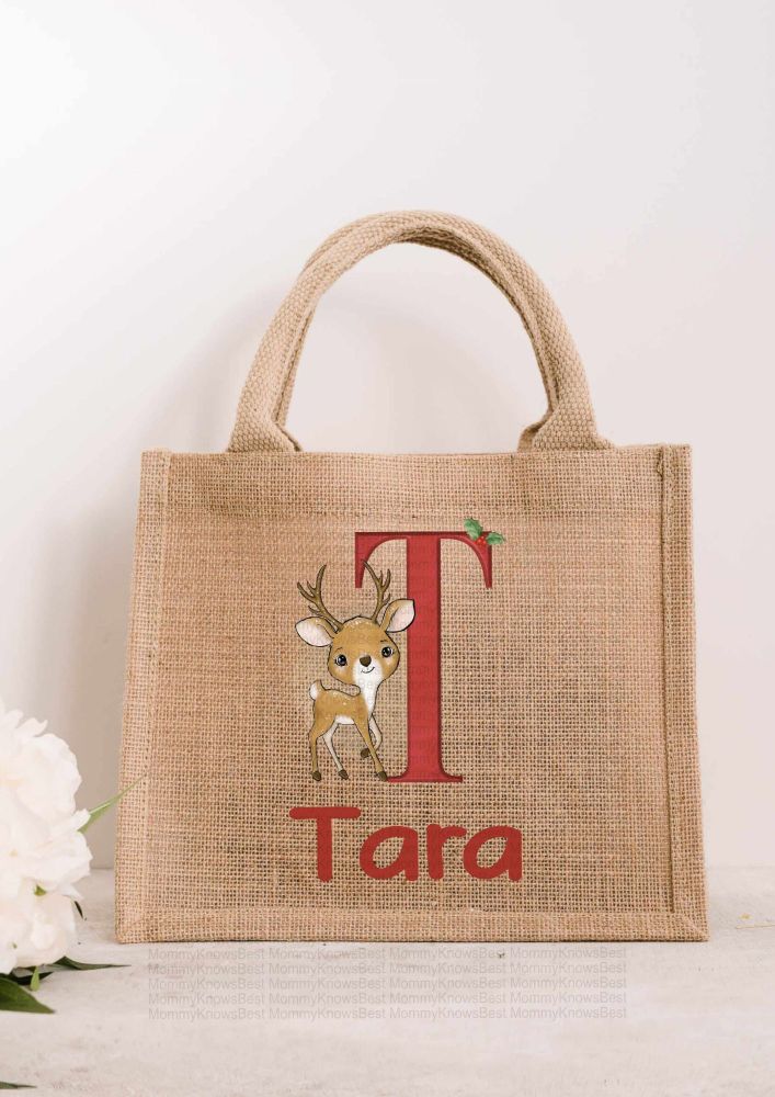 Reindeer Lettered JUTE Gift Bag - personalised