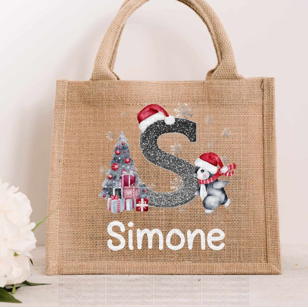 Silver Skating Penguin Letter JUTE Gift Bag - personalised