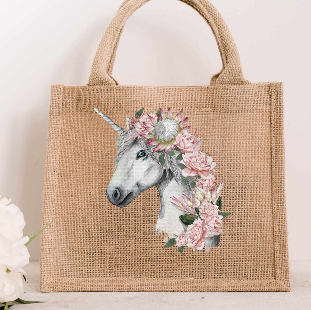 Unicorn with flowers JUTE Gift Bag