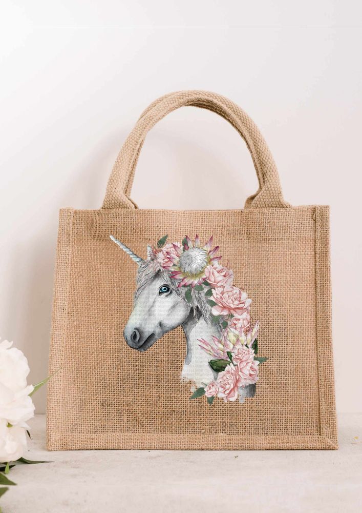 Unicorn with flowers JUTE Gift Bag
