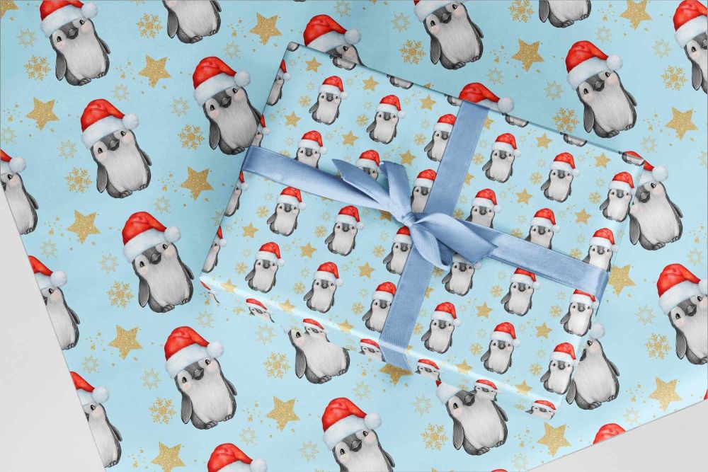 Penguin Wrapping Paper in blue A3 and metre rolls - eco friendly