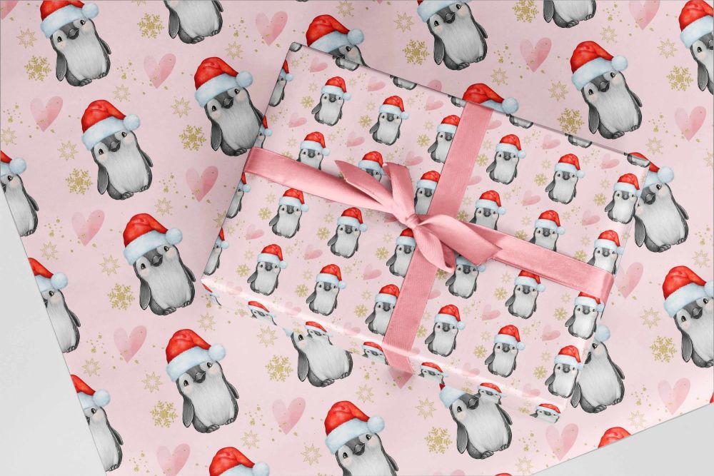 Penguin Wrapping Paper in pink  A3 - eco friendly thick quality gift wrap