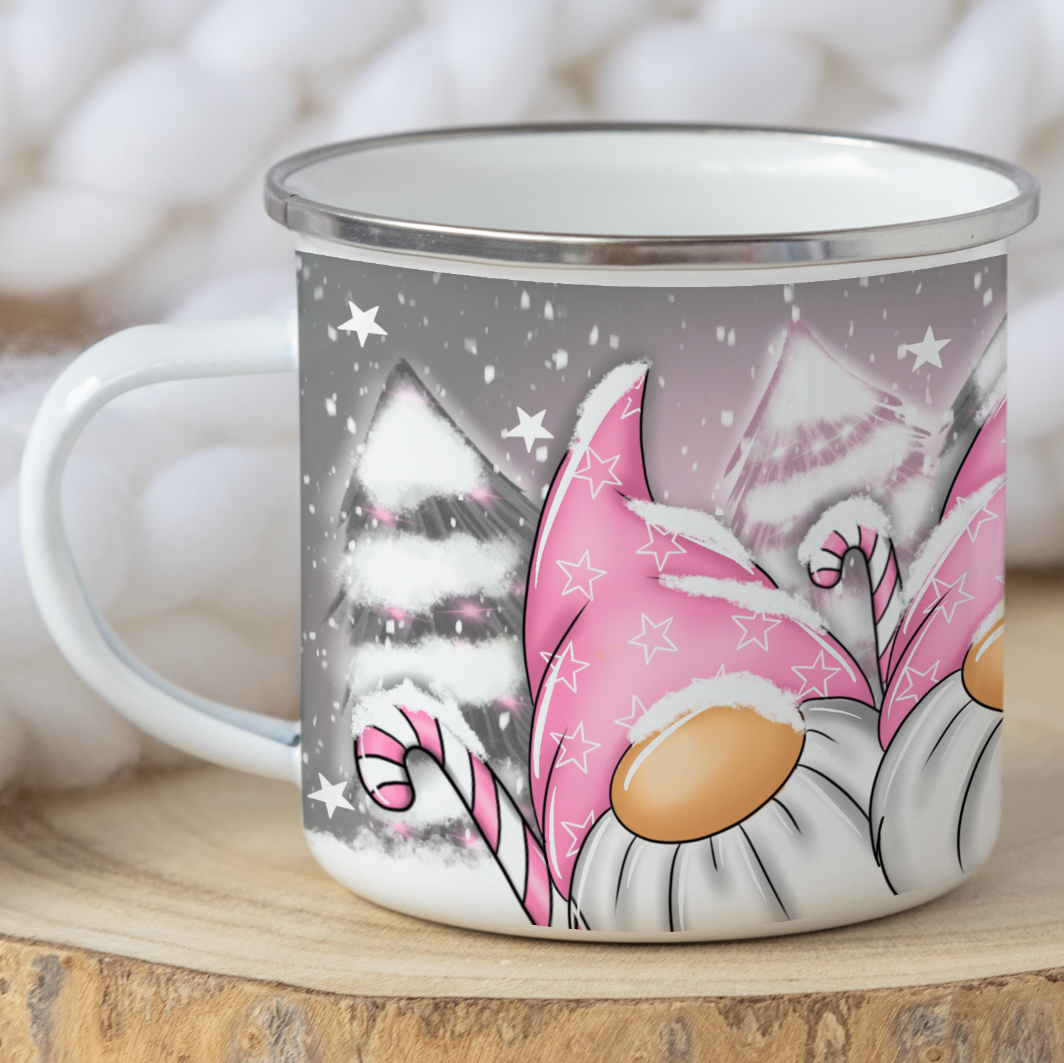 Pink Gonks Christmas Mug Kids - Festive Box Filler Enamel / Metal Hot Chocolate Christmas Eve