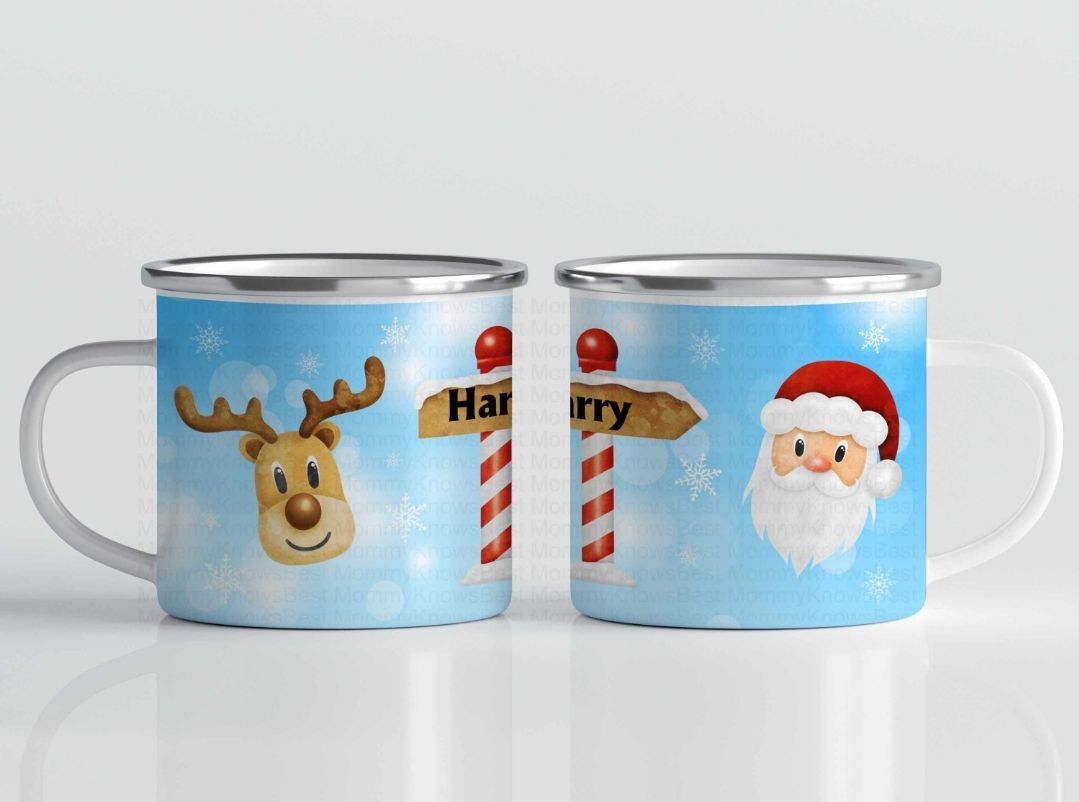Reindeer santa christmas Mug Kids - Festive Box Filler Enamel / Metal Hot Chocolate Christmas Eve personalised